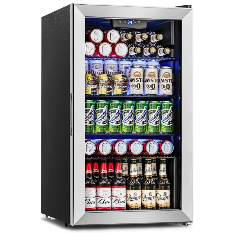 Wine Beer Fridge Small - 飲料用冷蔵庫クーラー - 126缶ミニ冷蔵庫、ドリンク、ソーダ、ビール、ワイン用ガラス扉 - オフィスや寝室用小型冷蔵庫