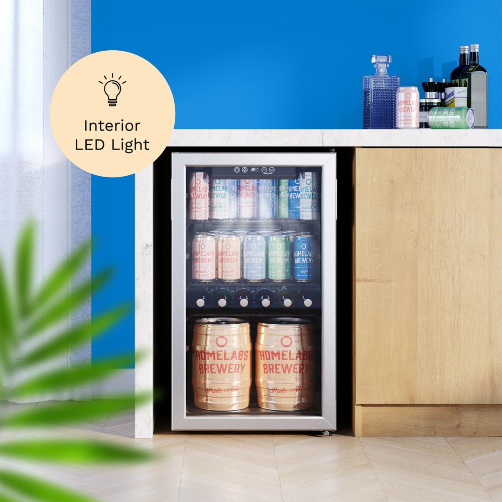 Wine Beer Fridge Small - 120缶ミニ飲料冷蔵庫、ガラス扉付きソーダ・ビール・ワイン用クーラー、家庭用バー向け小型冷蔵庫、カスタム