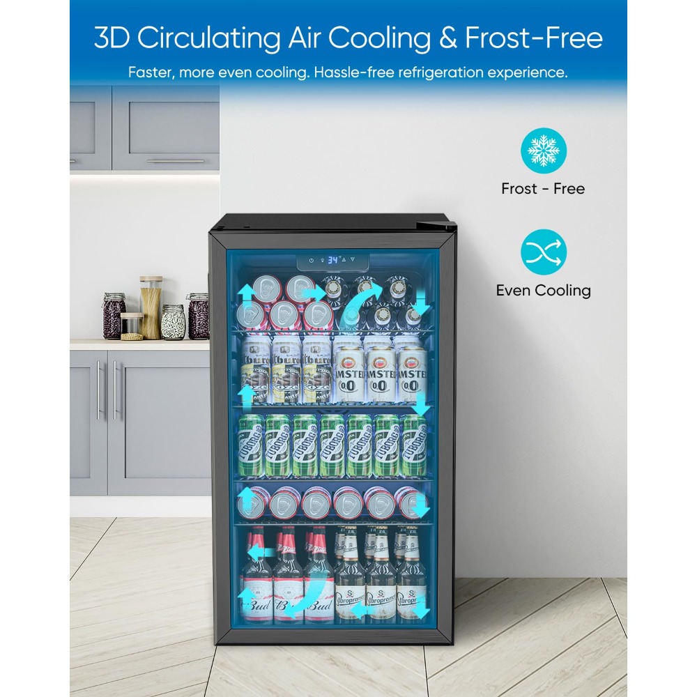 Wine Beer Fridge Small - 3.2立方フィート ミニ飲料冷蔵庫、126缶収納 ガラス扉クーラー（ビール、ワイン、ソーダ用）、家庭用小型冷蔵庫、カスタム仕様