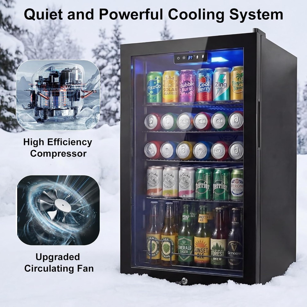 Wine Beer Fridge Small - 20インチミニ飲料冷蔵庫、130缶収納ガラス扉付き冷蔵庫（ソーダ、ビール、ワイン用）、家庭、オフィス、バー用小型クーラー、カスタム