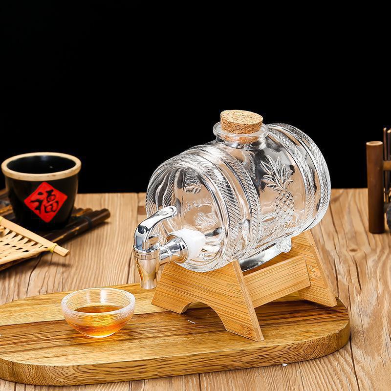 Wine Whiskey Beer - 1Lガラス製ウイスキー樽ワイン樽ビール瓶フルーツ熟成アルコール蜂蜜保存容器ベース付き蛇口付きバーウェア