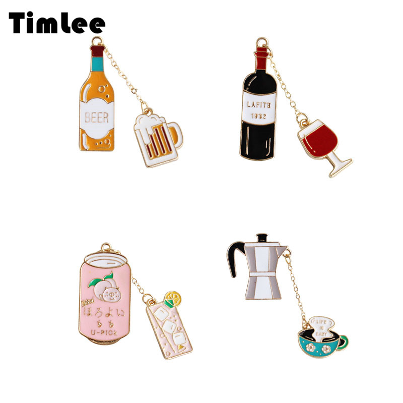 Wine X Beer - X155 漫画コーヒーマシンブローチピン、釉薬ビールフルーツジュース赤ワインカップメタルブローチ、ファッションジュエリー卸売