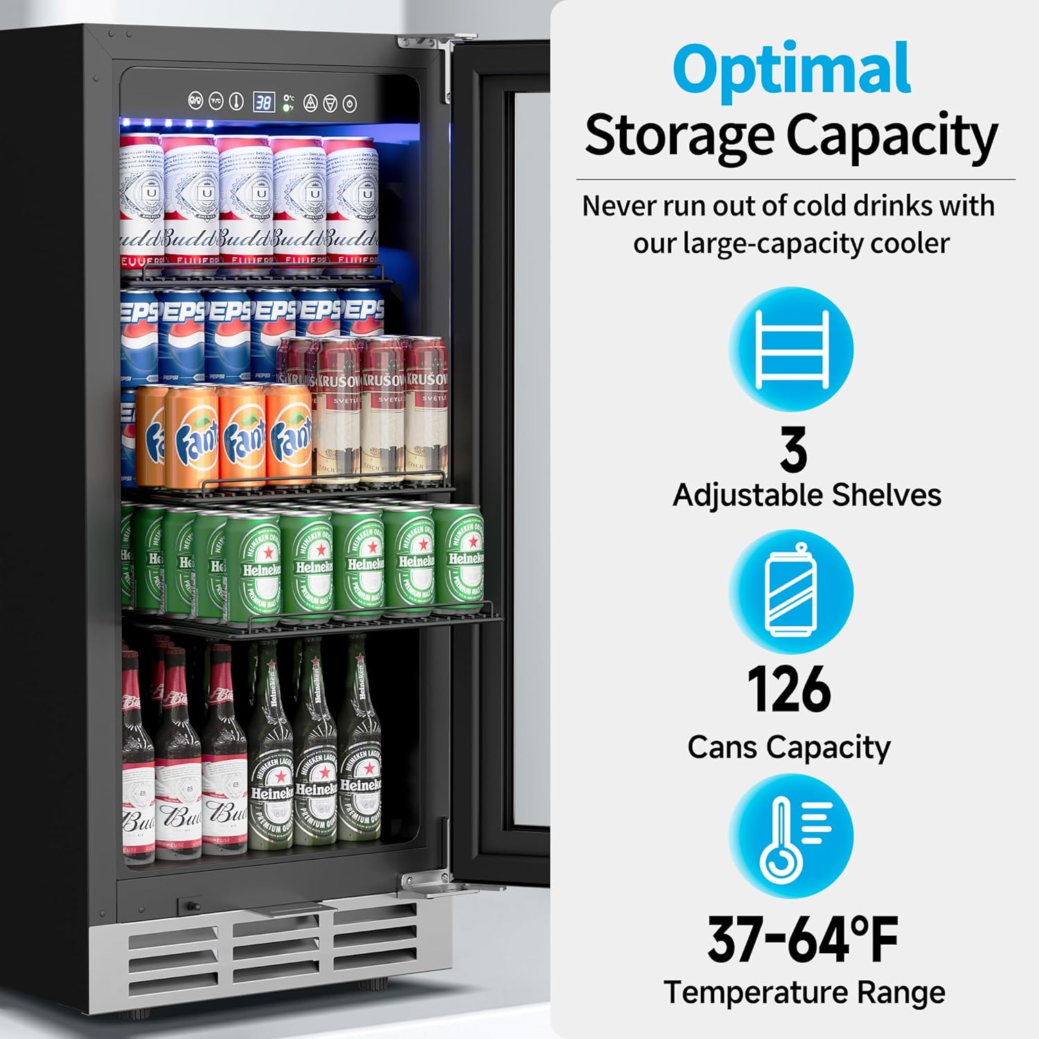 Wine Beer Fridge Under Counter - 15インチアンダーカウンター飲料冷蔵庫、126缶収納、ガラス扉付きビール・ワイン・ソーダ用冷蔵庫、カスタマイズ可能