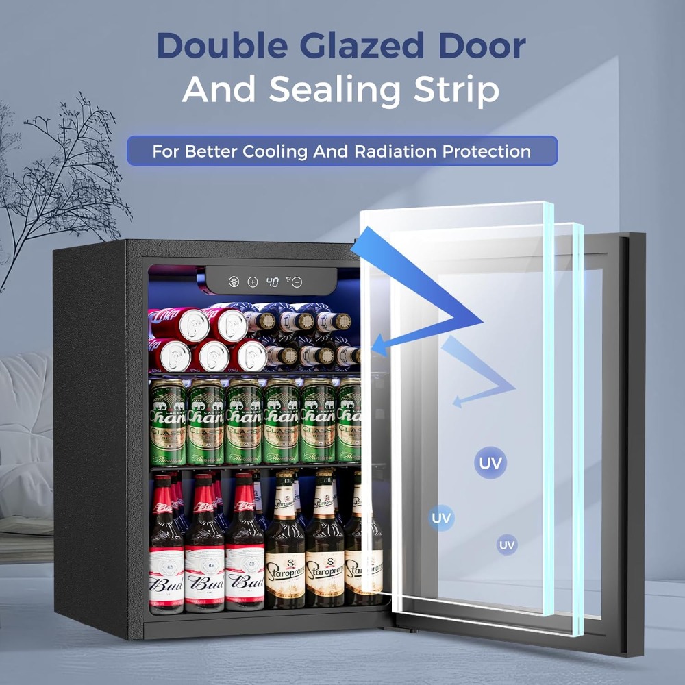 Wine Beer Fridge Small - 1.7立方フィート ミニ飲料冷蔵庫、68缶収納 ガラス扉クーラー（ソーダ、ビール、ワイン用）、家庭用小型冷蔵庫、カスタム仕様