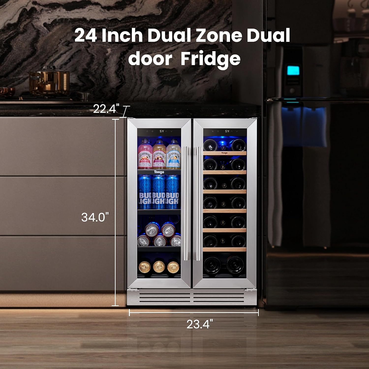Yeego 24インチ ワイン＆飲料冷蔵庫 - ガラス扉付き - Wine Beer Fridge Dual Zone のレビューと価格