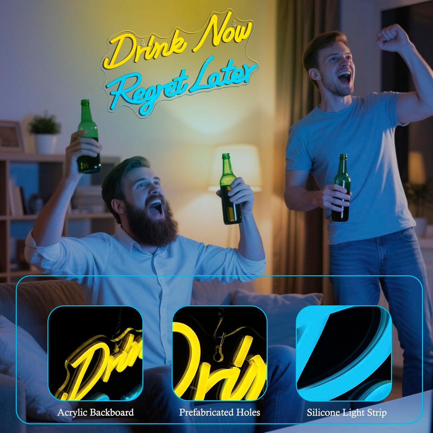 ビールネオンサイン「今すぐ飲んで後悔する」LEDライト、男性 - Beer & Wine Downtown のレビューと価格