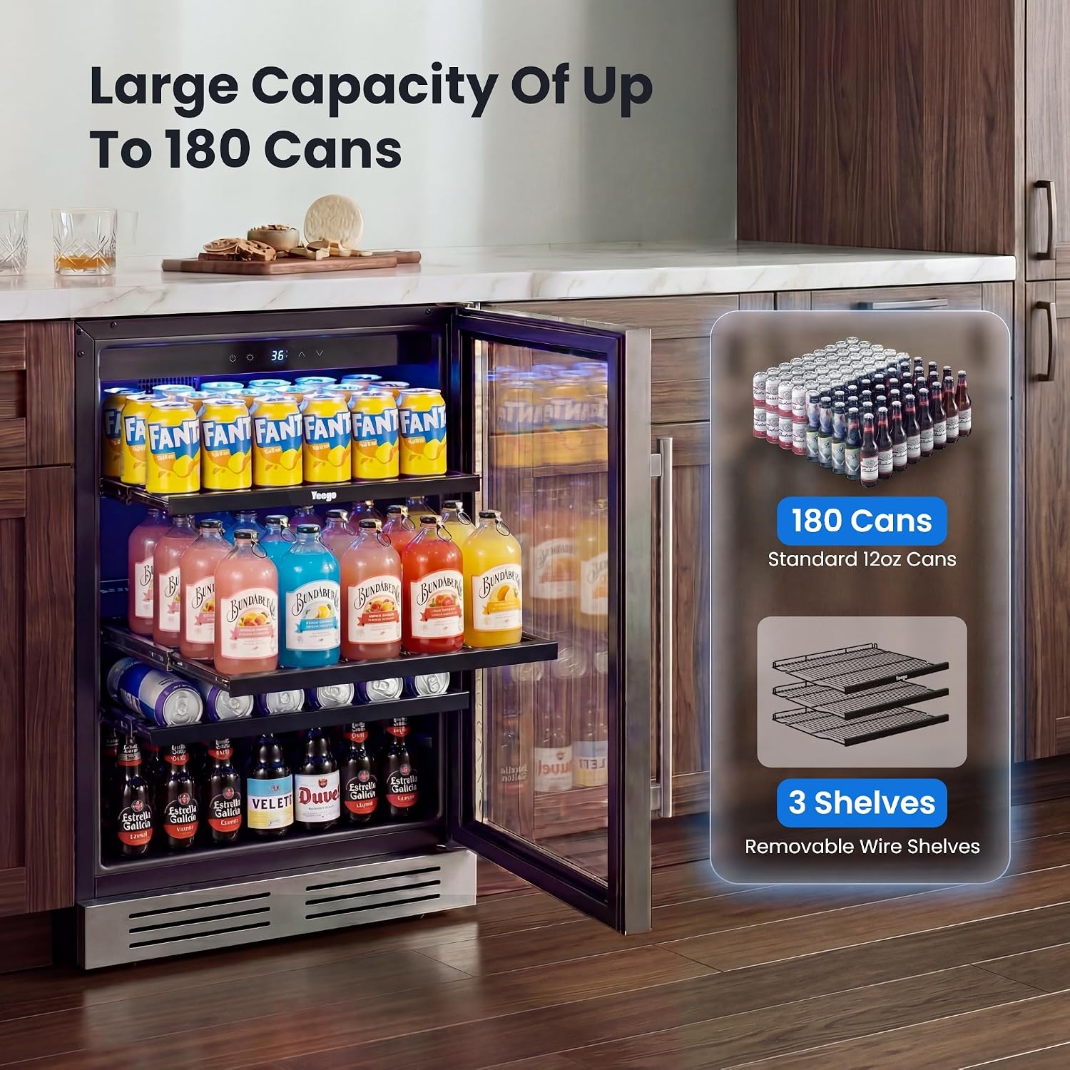 24インチ飲料用冷蔵庫 180缶収納 ガラス扉 34–54  - Wine Beer Fridge Under Counter のレビューと価格